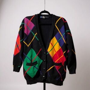 I B Diffusion Black Multi Color Argyle Diamond‎ Knit Cardigan Sweater M